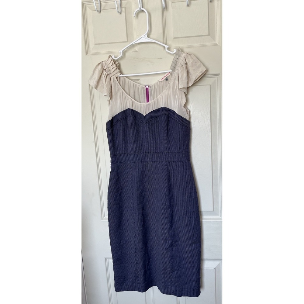 Rebecca Taylor Linen Blend Sheath Dress Blue Beige Top Zip Up Women's 6 Preppy